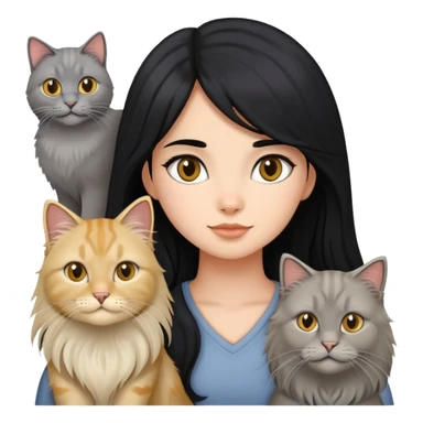 black hair girl with a grey longhair cat and four british longhair golden sticker
