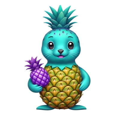 seal that is completely teal-colored holding a pineapple that is completely purple-colored sticker