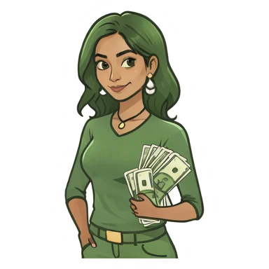 Indian girl with shoulder length hair thinking about money sticker