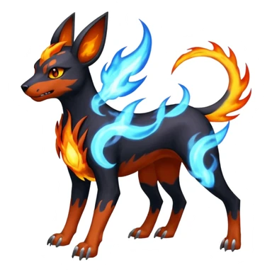 Fiery blue flames solarpunky elemental colorful hot will-o-wispy Houndoom-Torracat-Genesect-Pokémon-Fakémon-hybrid-creature sticker