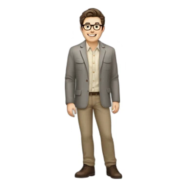 Joyful Full height Pale skinned Fit Man With dark brown hair in gray jacket, beige office shirt, Brown pants and vintage glasses. His thrumbs up sticker