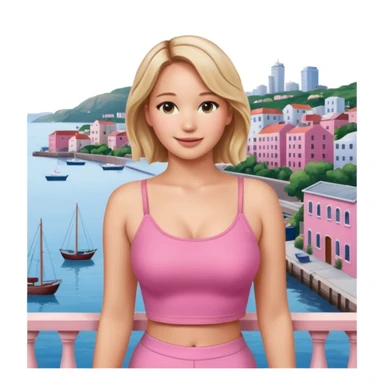 jennifer lawrence, pink crop top leaning on a balcony with a harbor and cityscape in the background, smiling sticker