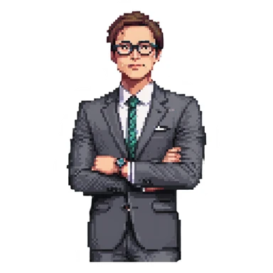 front-facing pixel art illustration of a thoughtful businessman from the waist up, wearing a sharp suit and stylish glasses, one hand under chin, gazing slightly to the side, luxury watch visible on wrist, expression of curiosity and contemplation, clean background sticker