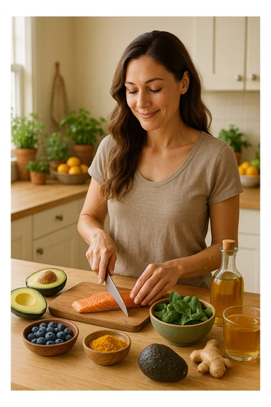 Donna tra i 30 e i 40 anni in una cucina luminosa, serena e sorridente, mentre prepara un pasto a base di cibi antinfiammatori: avocado, mirtilli, salmone selvaggio, verdure a foglia verde, olio d’oliva, curcuma. Il piano cucina è ordinato, ricco di colori naturali. Sullo sfondo: erbe fresche, frutta, una tisana allo zenzero. La donna appare in forma, rilassata e consapevole delle sue scelte. Atmosfera calda e armoniosa, luce naturale. Stile realistico, tono positivo e ispirazionale sticker