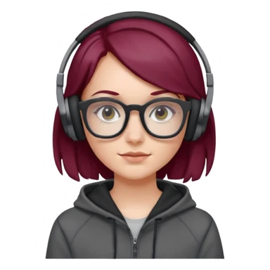 white girl with burgundy hair, gray squared-glasses, black deportive hoodie and black headphones sticker