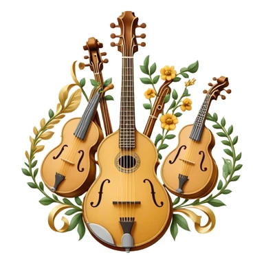 Create an intricate, festive, and emblematic emoji symbolizing plucked string instruments. The design should resemble a regal crest, featuring instruments like a banjo, mandolin, domra, sitar, and other plucked strings, arranged symmetrically in an ornate composition. Their necks and strings should elegantly intertwine with a flowing ribbon of musical notes, wrapping gracefully around the instruments. The overall shape should be grand and balanced, evoking a sense of tradition and celebration. Use a rich and refined color palette with gold, deep mahogany, and vibrant accents, adding intricate wood textures, decorative inlays, and metallic tuning pegs for a professional, polished look. The background should be transparent, making the emblem stand out as an independent artistic mark sticker