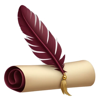 a feather quill and an open SCROLL maroon sticker