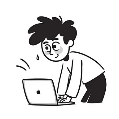 a person typing furiously on a laptop, hair standing up and sweat drops flying, playful doodle style sticker
