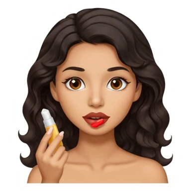 A gorgeous with black wavy hair women applying cute thin lipbalm on her brown lips sticker