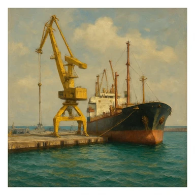 фотография современного торгового порта на берегу моря. На переднем плане — большой грузовой корабль у причала, рядом высокий портовый кран жёлтого цвета. Вода бирюзовая, слегка волнистая, на фоне виден бетонный волнорез и небо с мягкими облаками. Композиция сбалансирована: корабль справа, кран слева. Освещение дневное, естественное, с мягкими тенями. Атмосфера индустриальная, но спокойная, без людей. В СТИЛЕ РЕАЛИСТИЧНОЙ ЖИВОПИСИ на однородном фоне sticker