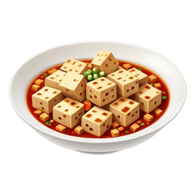 Sichuan mapo tofu spicy red dish with tofu cubes, simplified emoji style with bold outlines and bright colors, cartoon style Chinese tofu dish sticker