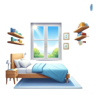 sparkling clean room with a made bed, neat shelves, and sunlight through the window sticker