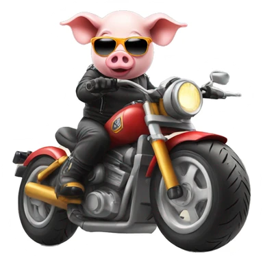 Pig on motorbike, wearing sunglasses and a helmet sticker