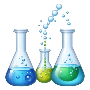 An icon featuring laboratory flasks with tubes, symbolizing chemistry. The design includes liquid and powder substances, a chemical reaction with bubbles, and molecular formulas, representing chemical processes like hydrolysis. Transparent background sticker