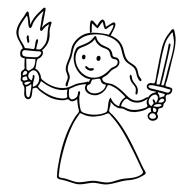 princess wielding a torch and sword, hand drawn outlined icon sticker