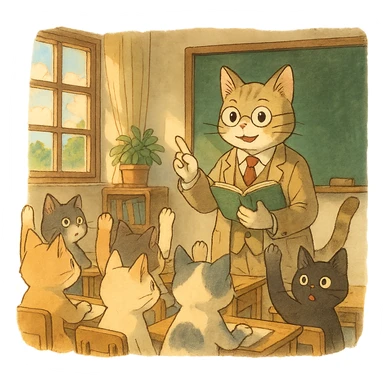 cat teacher asking questions to student cats, students raising hands, classroom atmosphere, warm and friendly scene, ghibli style sticker