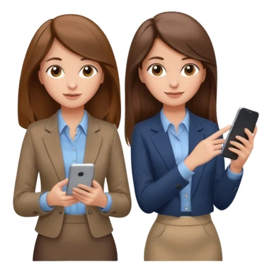 two brown haired girls, looking professional maybe leaned back on back and looking forward and using phones, with longer hair and with some cute clothes without ties, blowout hair, one girl can hold lap top athoer one can hold the phone sticker