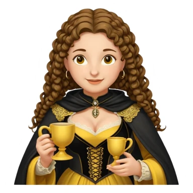 Helga Hufflepuff, brown-haired, 2 curly thick brown braids, yellow-black medieval dress, black cloak decorated with gold lace, tiny two-handled shiny yellow-gold cup, very kind smile, curvy busty sweet woman, thick rosy cheeks sticker