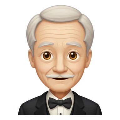 old man in formal attire, bearing a small ironic smile sticker