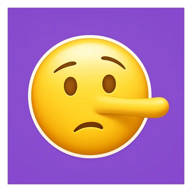 Recreate an emoji in Apple emoji style: a yellow face with a long Pinocchio nose, raised eyebrows, and a skeptical mouth. The emoji should have a white outline and a purple background. Exact recreation with these details. sticker