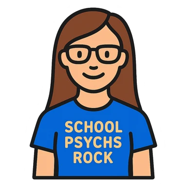 Create a color outline icon of this person wearing a t-shirt that says 'school psychs rock'. The style should be friendly and approachable with clear text and a modern icon style. sticker
