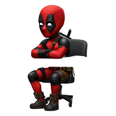 Cute Deadpool sitting at a desk, front view sticker