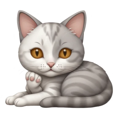 grey and white small cat with its eyes closed lying down with its head resting own paw sticker