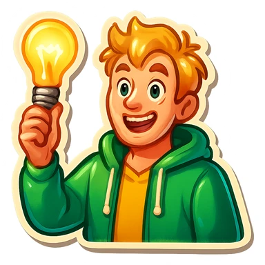 bright and expressive male visionary, fair skin, tousled golden hair, wide joyful eyes, wearing a green hoodie over a yellow tee, one hand raised with a glowing lightbulb, waist-up, front-facing sticker