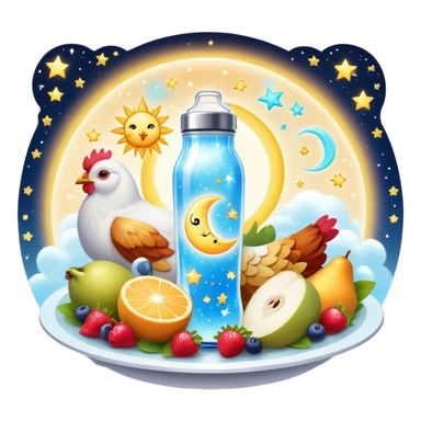 Magical fitness galaxy with ethereal glowing water bottle, celestial sun rays, enchanted floating chicken and rice plate, mystical sparkling gym equipment, luminous yogurt, twinkling fruit pieces, and dreamy moon and stars, all orbiting in perfect harmony within a cosmic starry circle sticker