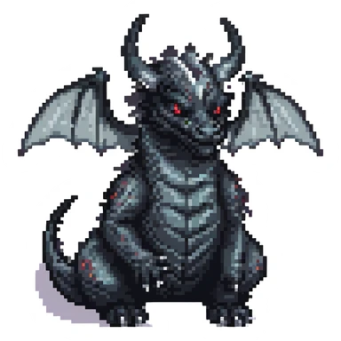 Make the wings even bigger on this fierce black dragon with two medium horns, keep pixel art style and no background. sticker