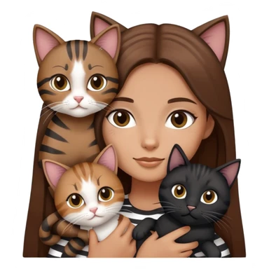 tan girl with long brown hair holding two cats, one black cat and one grey-striped cat sticker