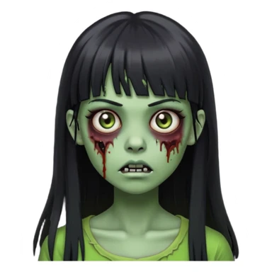 Zombie emoji girl, light green skin, black straight long hair with bangs sticker