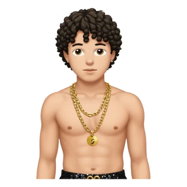 Jack Harlow with black sequin baggy pants, shirtless with necklace sticker