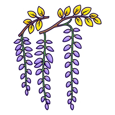Decorative wisteria flower with elegant drooping clusters of purple blossoms and small bright green leaves sticker