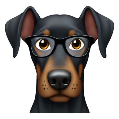 black Doberman with brown spots in a gray sweatshirt and wearing glasses with black frames, positive sticker