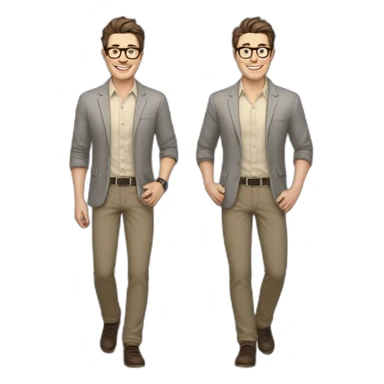 Joyful Full height Pale skinned Fit Man With dark brown hair in gray jacket, beige office shirt, Brown pants and vintage glasses. His thrumbs up sticker