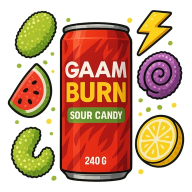 Gaam Burn 240 G Sour, with sour candy elements, digital illustration, no background sticker