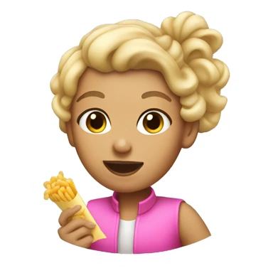 Tan girl with blonde hair  with hee hair up in a pink vest eating macaroni  sticker