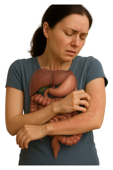 donna con intestino umano anatomico realistico che si gratta il braccio su cui ha un'eritema, iperrealistica 4k sticker