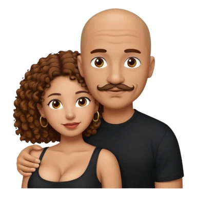 A mixed girl, the girl is wearing a black shirt, the girl has brown curly hair  and the girl has big boobs. A Mexican man is embracing her, with bald hair and a short boxed mustache  sticker