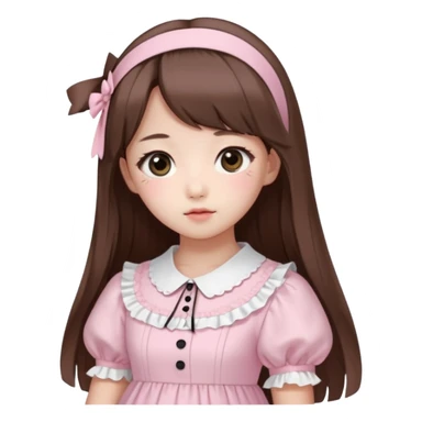 She has fair skin, is Korean, has long straight brown hair, slanted black eyes, with a very Kawaii baby pink lolita dress.  sticker