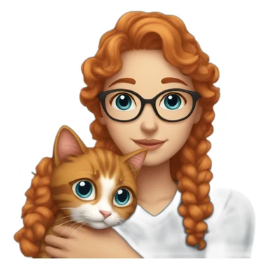 a pretty girl with curly copper hair and blue glasses hugging a cat sticker
