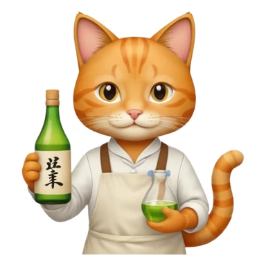 cool cat wearing an apron holding a bottle of sake sticker
