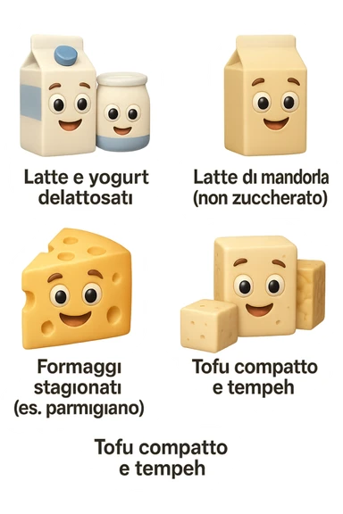 emoji stile iphone 3d di questi elementi che fluttuano in aria:

Latte e yogurt delattosati
Latte di mandorla (non zuccherato)
Latte di soia da proteine isolate
Formaggi stagionati (es. parmigiano)
Tofu compatto e tempeh
 che fluttuano in aria,  le etichette scrivile in italiano, iperealistico 4k sticker