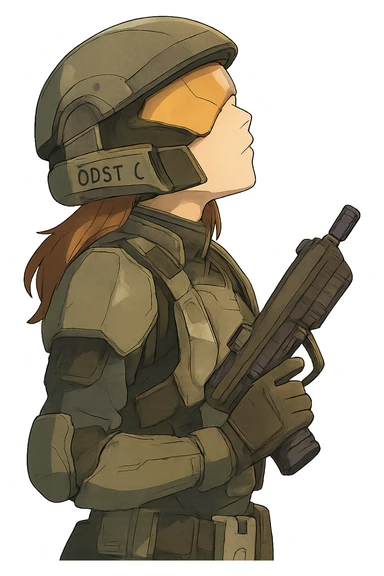 A female odst, right shoulder profile, helmet on, looking up to the sky, holding their trademark suppressed smg at ease sticker