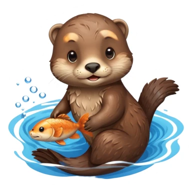 adorable otter floating on clearly visible blue water with waves, holding a fish sticker