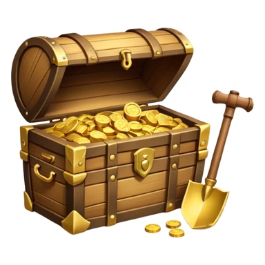 An icon showcasing a treasure chest filled with gold, a treasure map rolled up beside it, a backpack and shovel. The design captures the essence of treasure hunting, exploration, and excitement, set on a transparent background to emphasize the thrill of discovery. sticker