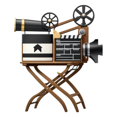 Icon for Directing: a director's chair, a film clapperboard, large movie camera, vintage megaphone and a stage with a spotlight. The icon should represent the creative and organizational aspects of directing, with focus on storytelling, staging, and performance. Transparent background. sticker