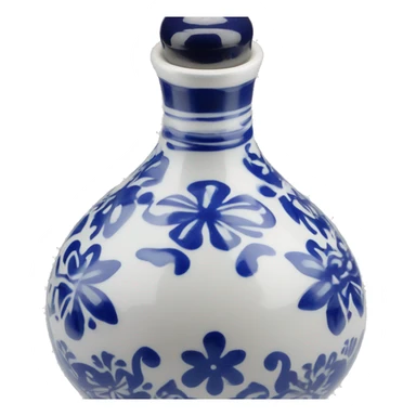 The Clase Azul Tequila bottle is tall and hourglass-shaped, with a wide base that tapers towards the neck. Its white ceramic body is decorated with cobalt blue floral designs, and it’s topped with a complete gray, bell-shaped stopper that curves inward  sticker
