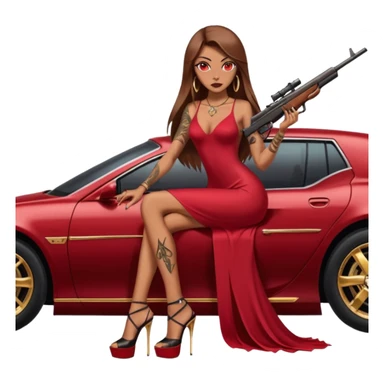 Lilith tan skinfemale red eyes symbol. Tattoo arms. Her hair is brown straight long hair.wearing sexy long ruby covered dress with slit. black stiletto thick platform high heels shoes on. Sitting on gold giant luxury car with cash on her. She is holding a sniper rifle in one hand cash in other hand sticker
